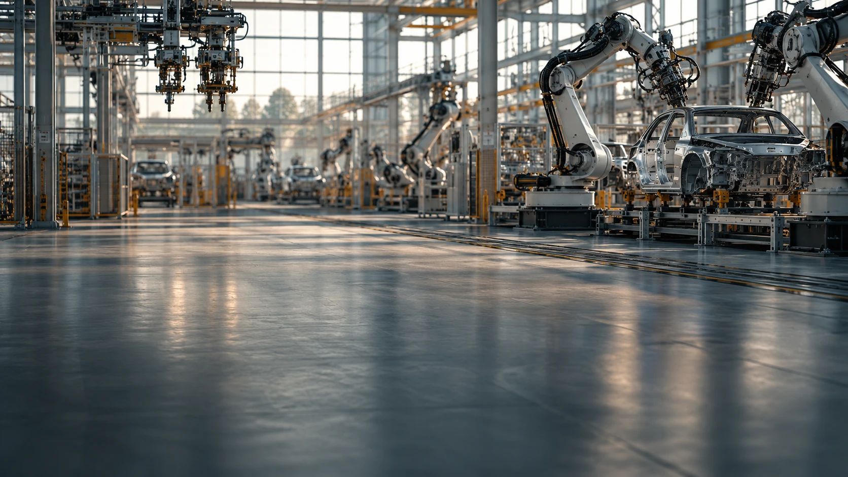 Robotic arms coordinating work on an industrial assembly line.