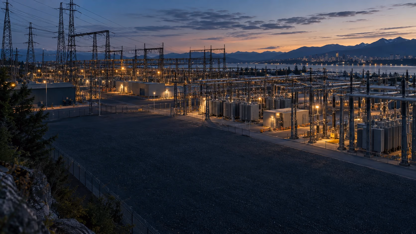 Energy infrastructure and an organized substation at blue hour.