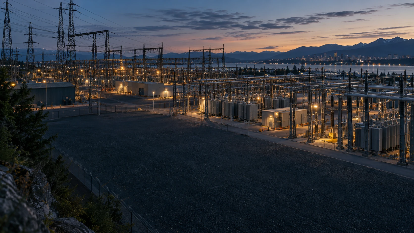 Energy infrastructure and an organized substation at blue hour.