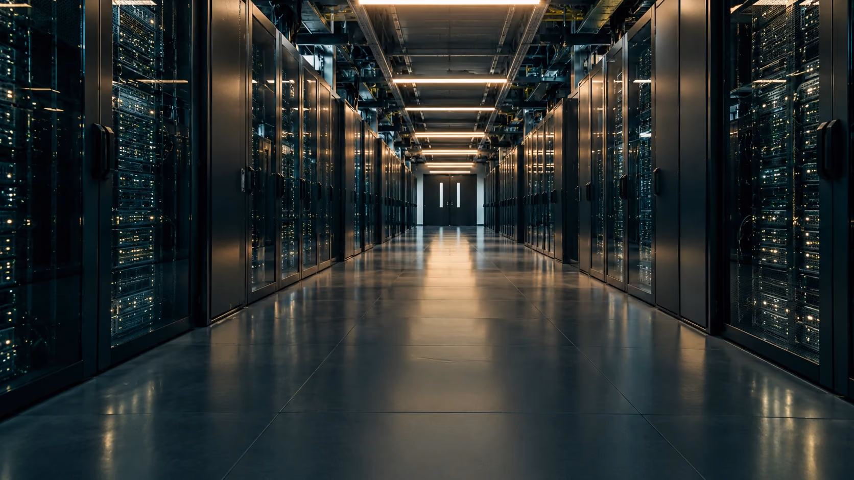 A long aisle of enterprise data center server cabinets.
