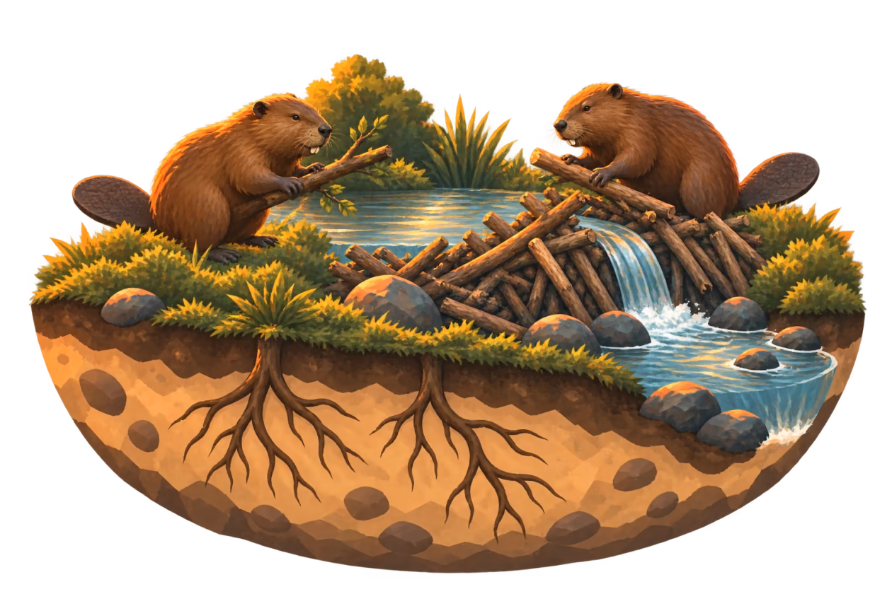 Two cartoon beavers maintain a twig dam that guides water through their habitat.