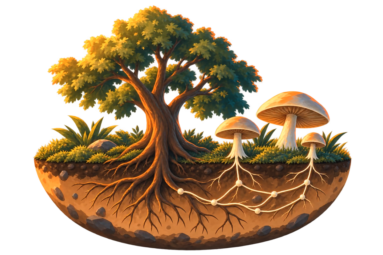 A cartoon tree and mushrooms share a branching root and mycelium network beneath the soil.