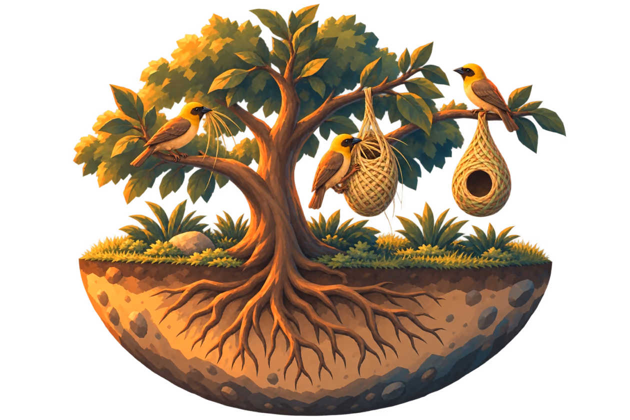 Cartoon weaver birds construct hanging nests on the branches of a shared tree.