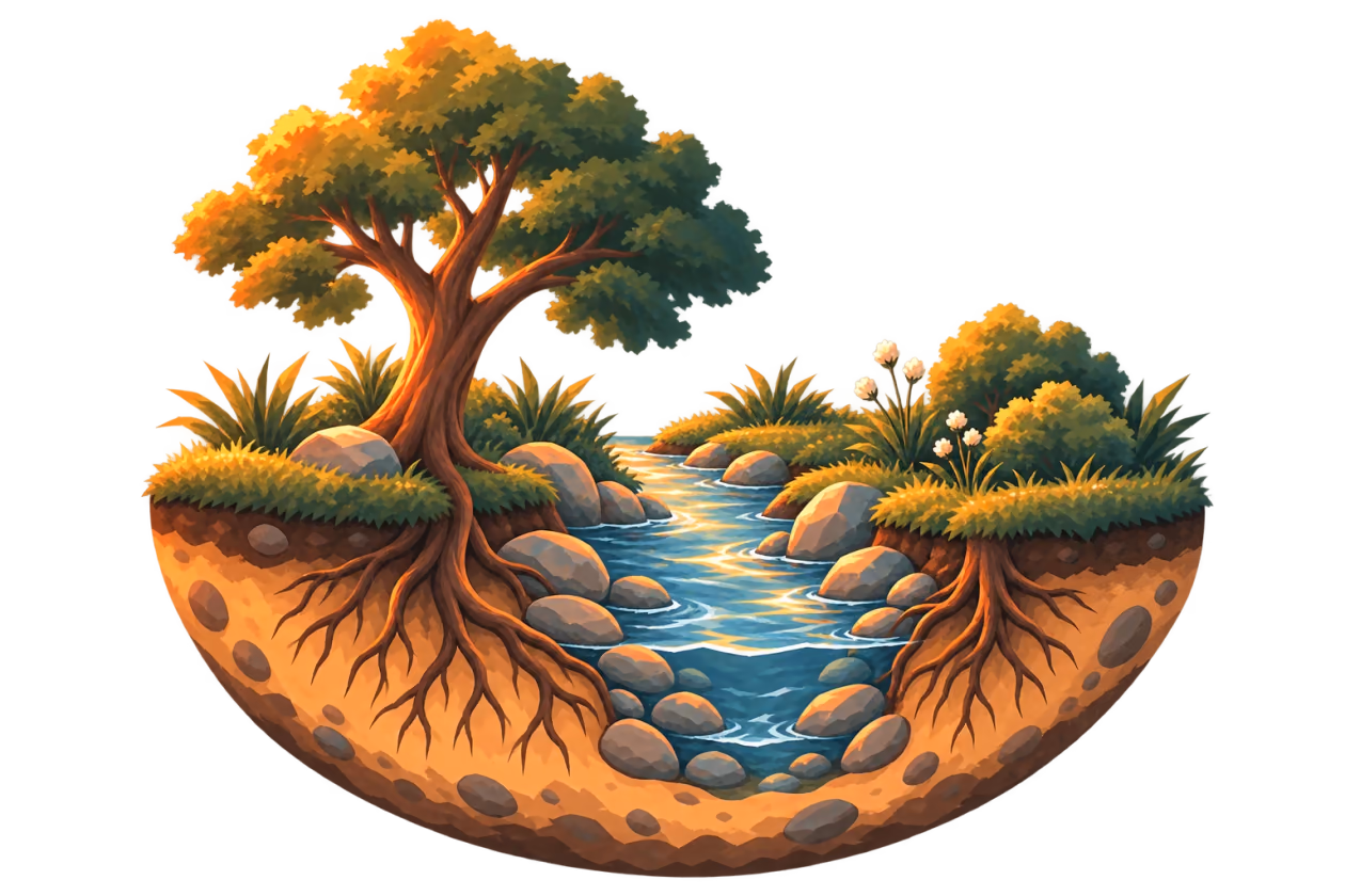 Tree roots and natural riverbanks guide a stream through a thriving cartoon habitat.