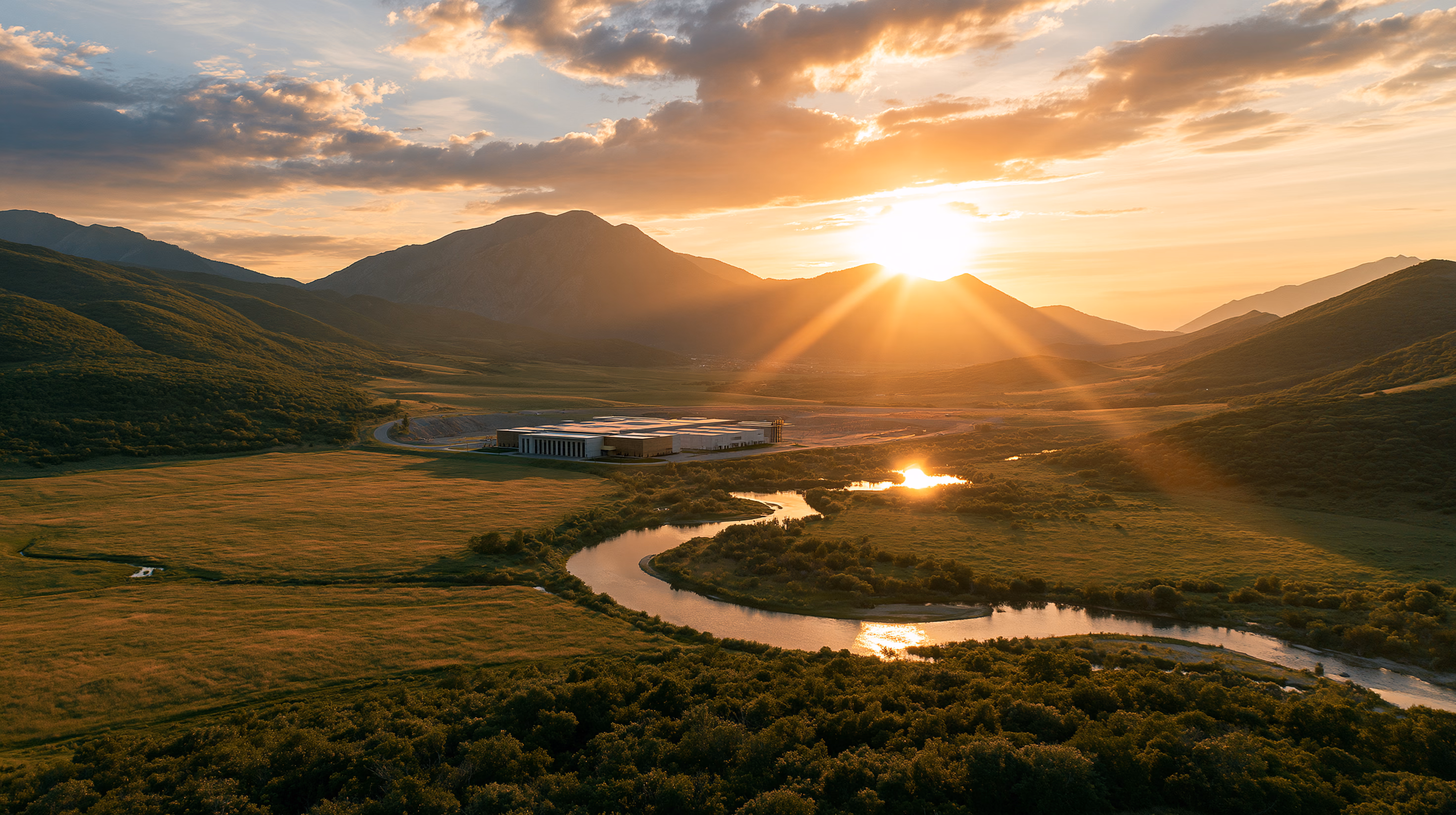An infrastructure campus in a green mountain valley beside a winding river at sunset.