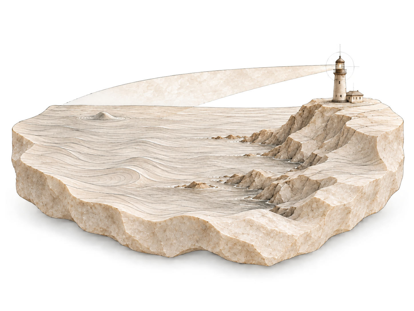 A lighthouse carved into a stone headland watches over the surrounding water.