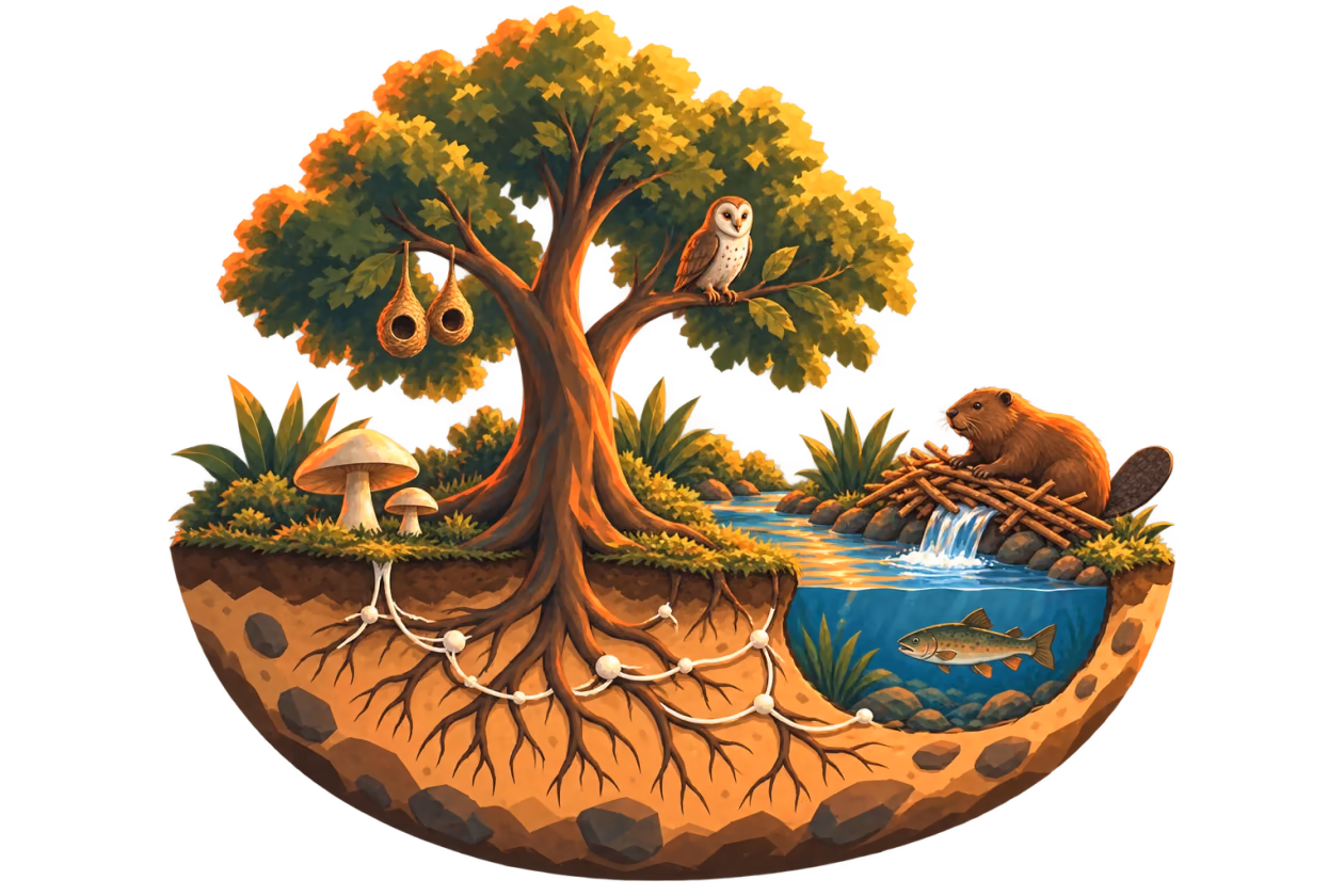 A cartoon habitat brings together a tree, mycelium, nesting birds, an owl, a beaver dam, and a pond.