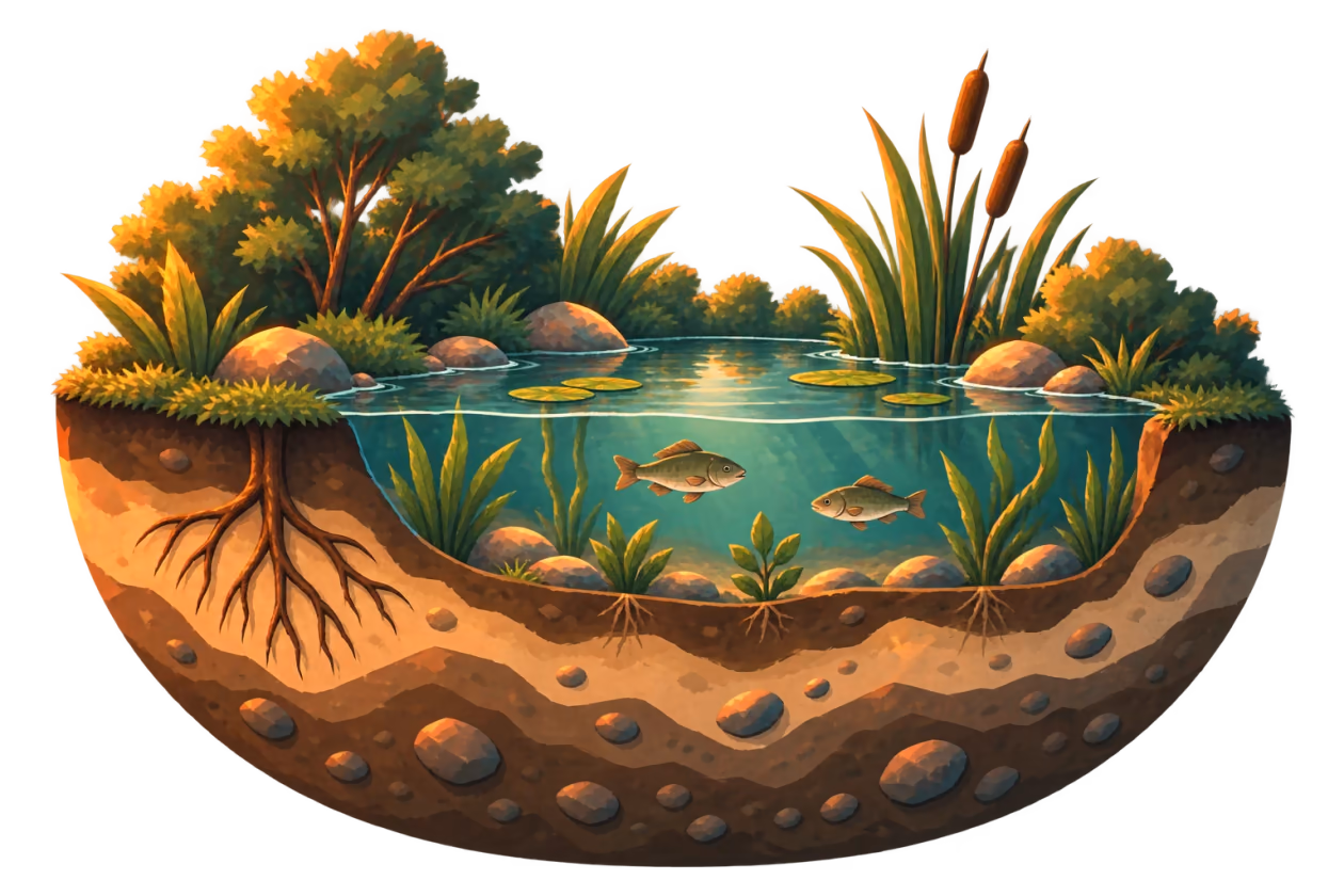 A cartoon pond cutaway reveals fish, roots, and soil layers beneath the surface.